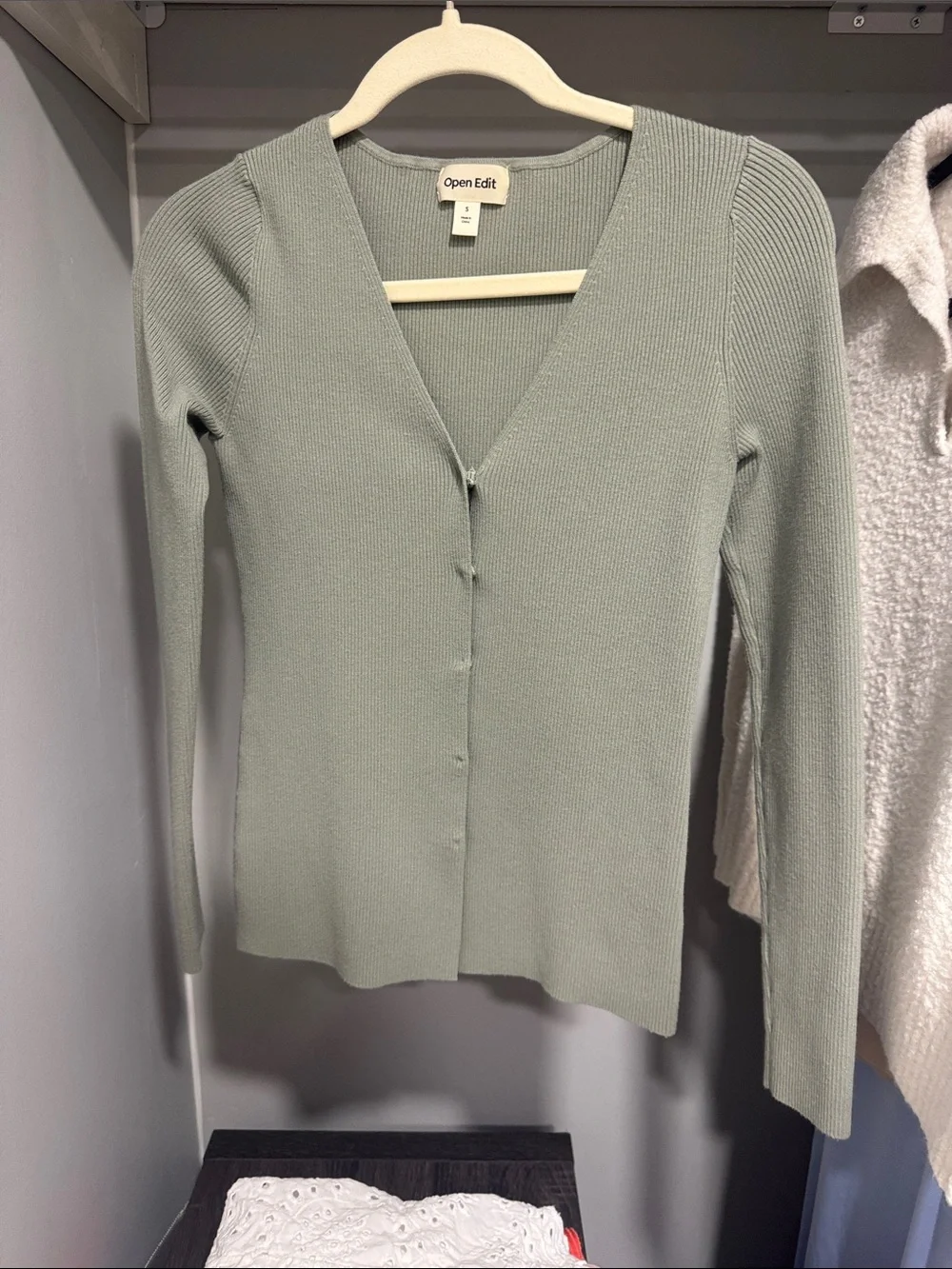 Open Edit Sage Green Ribbed Button-Front Cardigan - Size Small - Picture 1 of 3
